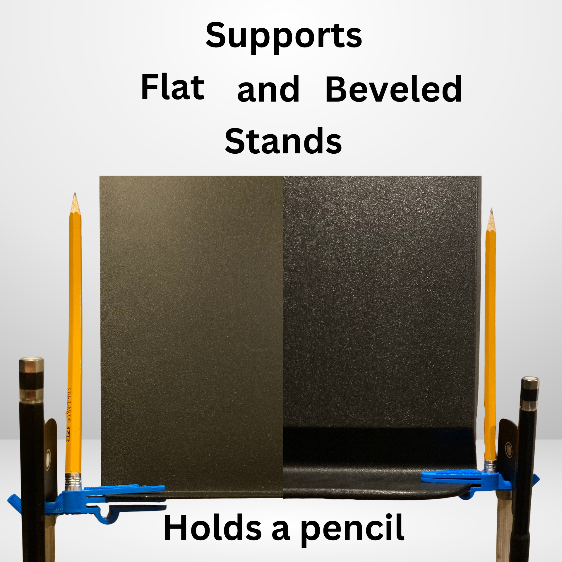 Blue Bow Buddy demonstrating universal fit on flat and beveled music stands with pencil holder